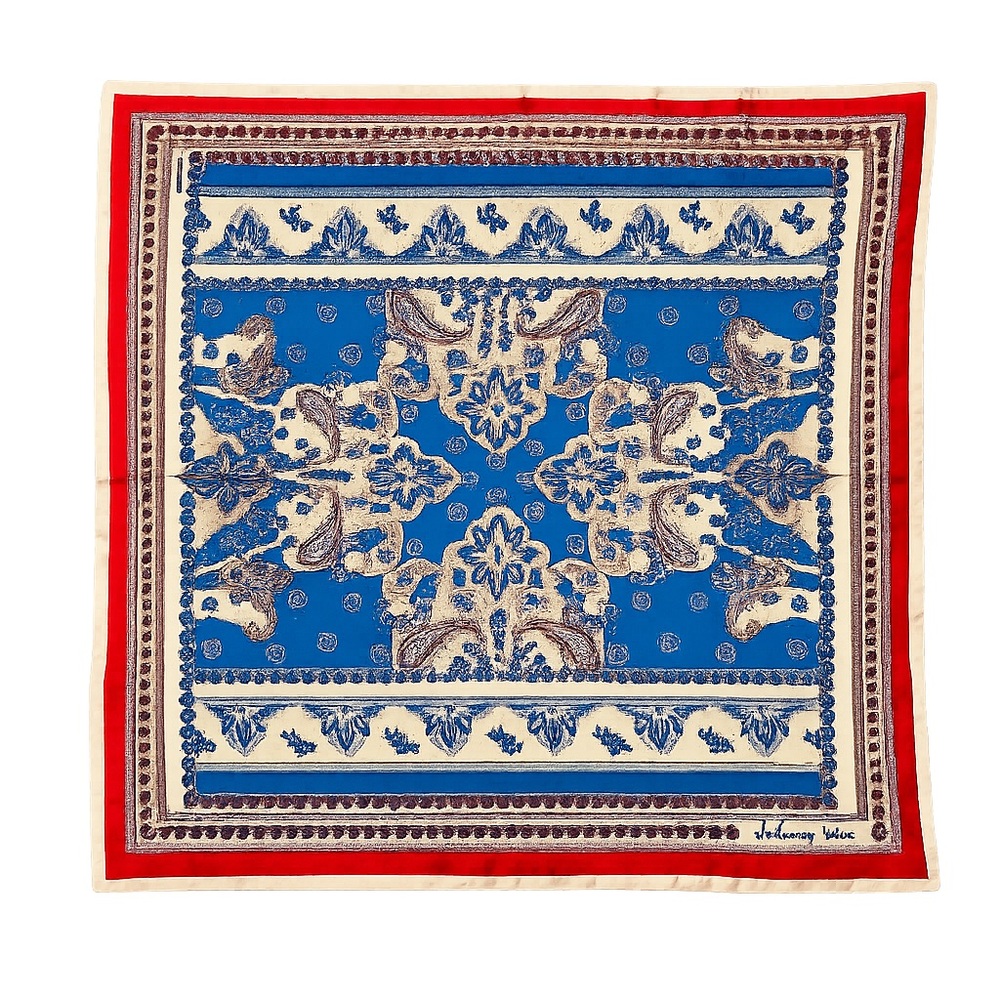 Johnny Was 100% Silk Blue and Cream Floral Scarf 42 x 42